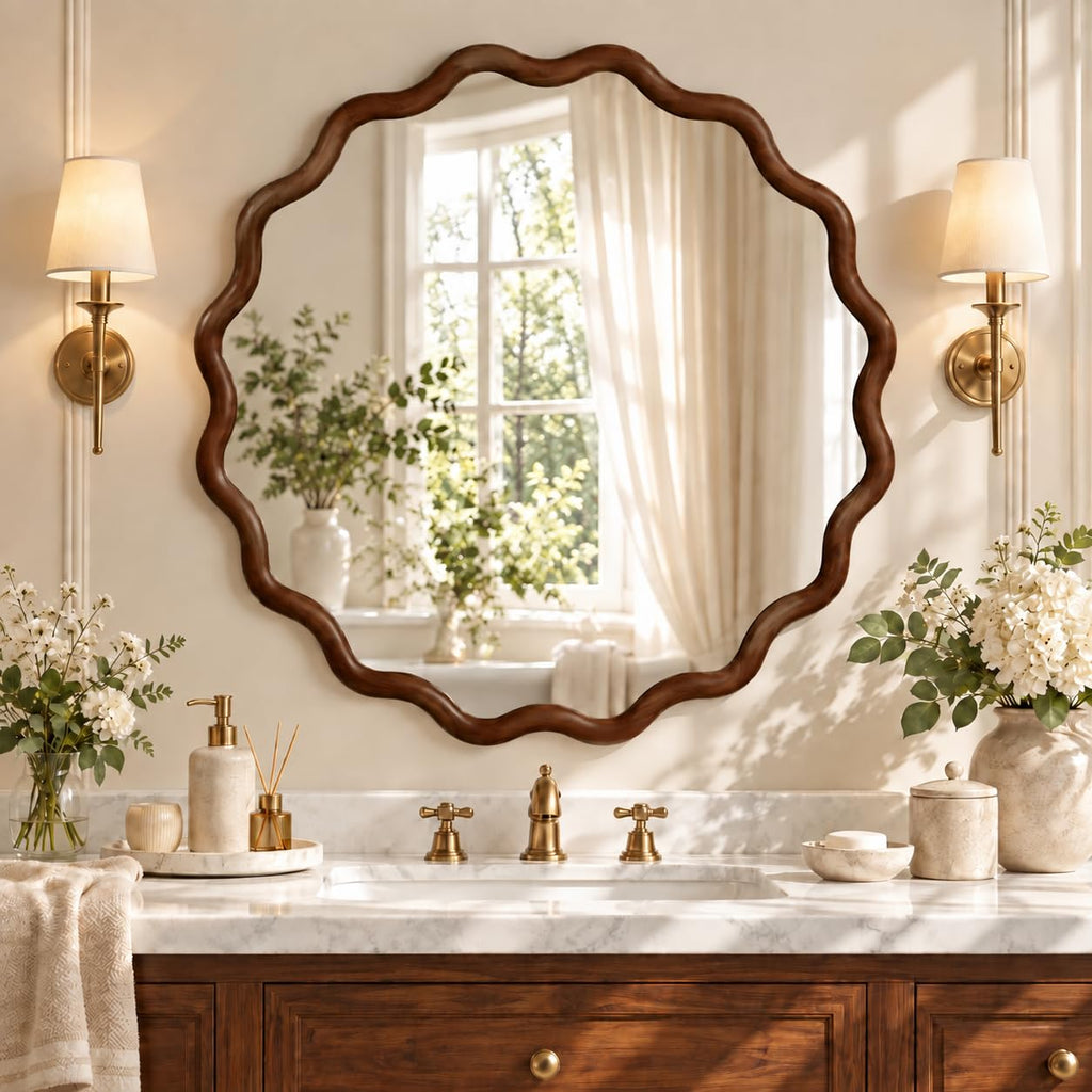 30" Walnut Wavy Round Mirror, Scalloped Wood Frame Wall Mirror