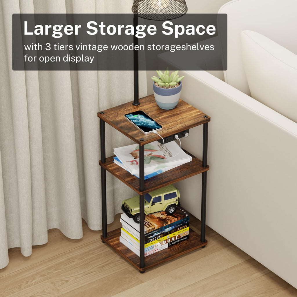 Floor Lamp with Table, Side Table with USB Charging Port and Outlet, Modern Bedside Nightstand End Table with Floor