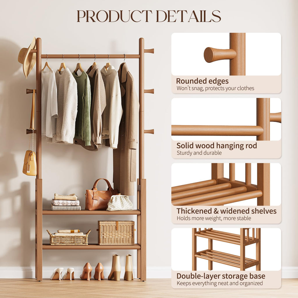 Solid Wood Clothing Rack with Shelves - Coat Rack Freestanding with 6 Hooks, 3-in-1 Hall Tree for Hanging Clothes
