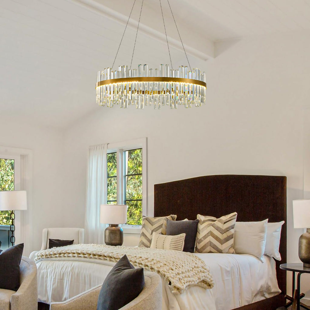 Gold Led Modern Crystal Chandelier, Round Large Dining Room Light Fixture