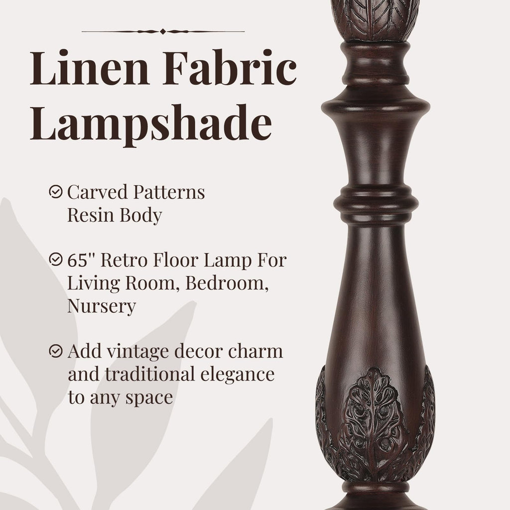 65.5'' Vintage Floor Lamp, Antique Tall Floor Lamp with Linen Shade, Traditional Retro Resin Carved Standing Lamp