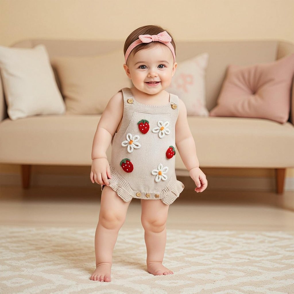 Newborn Infant Baby Girl Clothes Strawberry Embroidery Sleeveless Knit Ruffle Romper Sweater Overalls Bodysuit