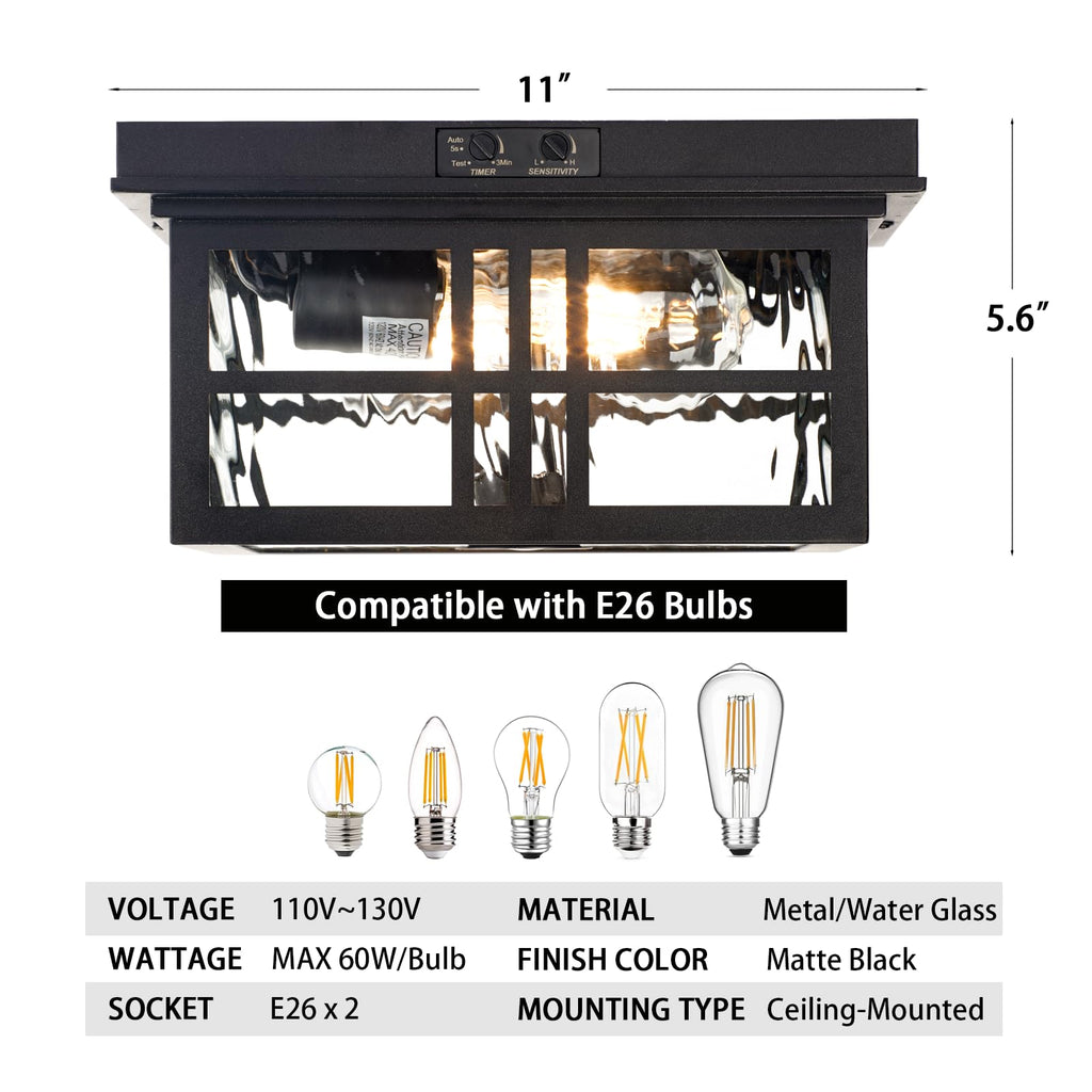 Industrial Motion Sensor Outdoor Flush Mount Ceiling Light, Water Ripple Glass Square Black 2-Light Ceiling Lamp for
