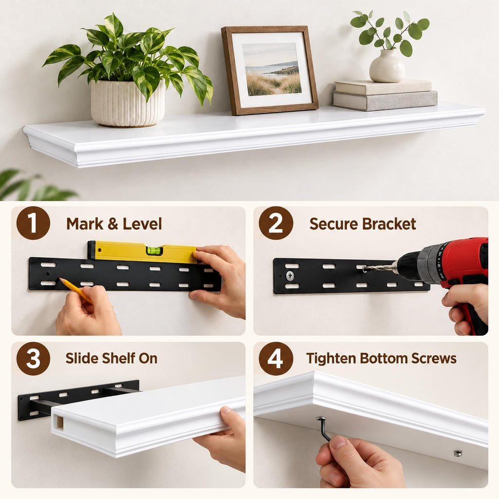 48" White Floating Shelf, 8" Deep Wall Ledge for Photos & Books