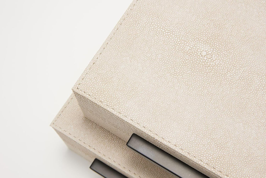 Sagala Ivory Shagreen Decorative Boxes With Black Metal Handles, Faux Leather Jewelry Boxes Modern Storage - Set of 2