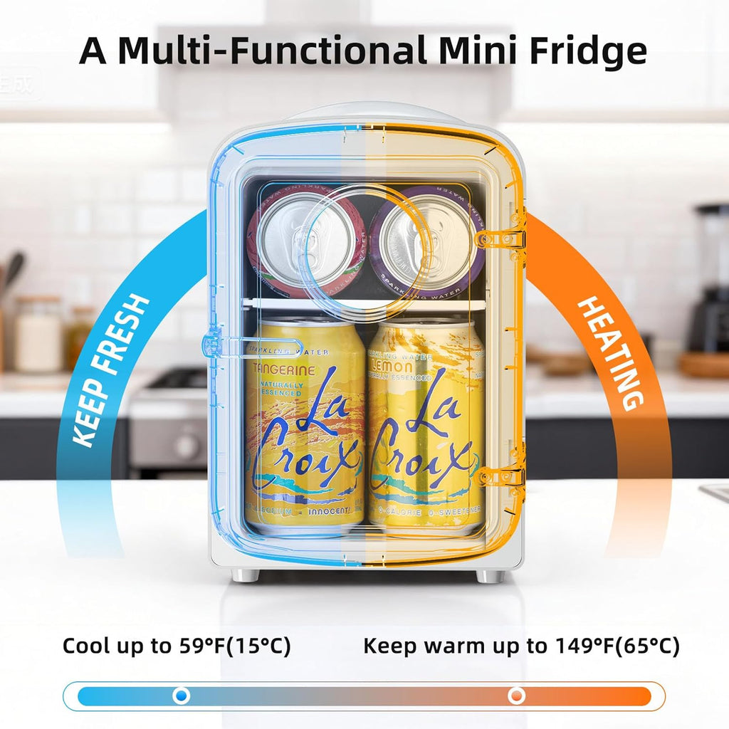 Mini Fridge, 4L Capacity/6 Cans Portable Cooler and Warmer Compact Refrigerator, for Bedroom,Car,Office and Dorm