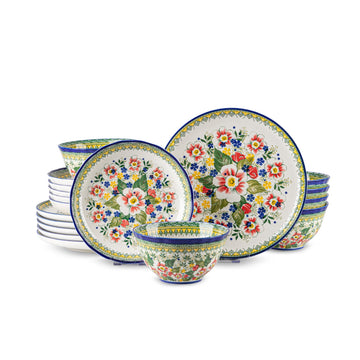 18-Piece Ceramic Dinnerware Set, Service for 6, Bohemian Floral Dish Set, Includes Plates and Bowls Sets, Microwave &