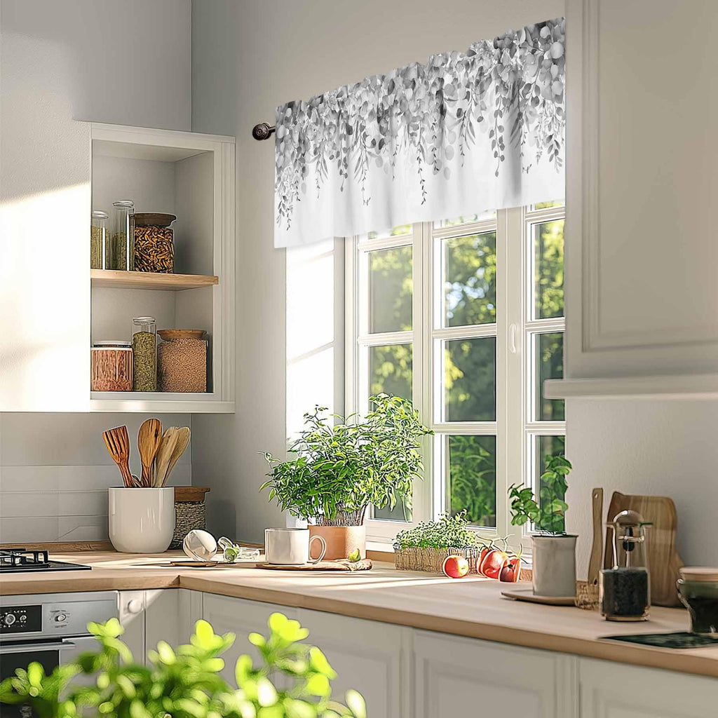 Curtain Valance for Windows Gray Eucalyptus Rod Pocket Valance Window Treatments 1 Panel Watercolor Leaves Short