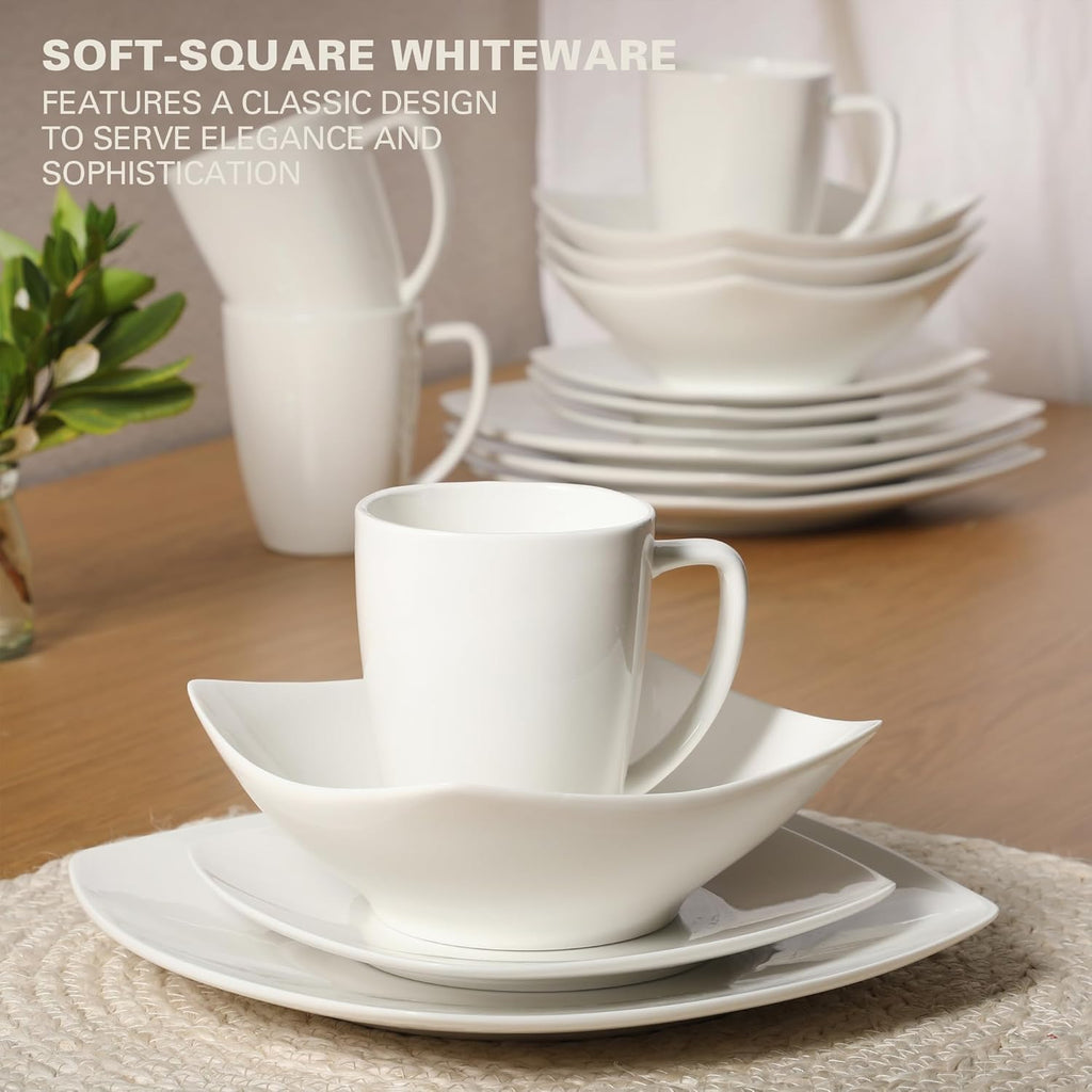 Zen Buffet White Porcelain Dinnerware Set for 4, Square Plates Bowls and Mugs, Chip and Scratch Resistant