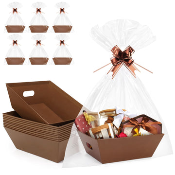 10PACK Baskets for Gifts Empty, 10x12"Thick Brown Gift Basket with Handles 10 Bows 10 Bags Empty Gift Baskets for