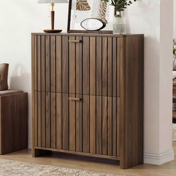 Shoe Storage, Walnut Gradient Fluted Hidden Cabinet with Metal Legs, Organizer with Flip Doors, Slim Entryway Storage