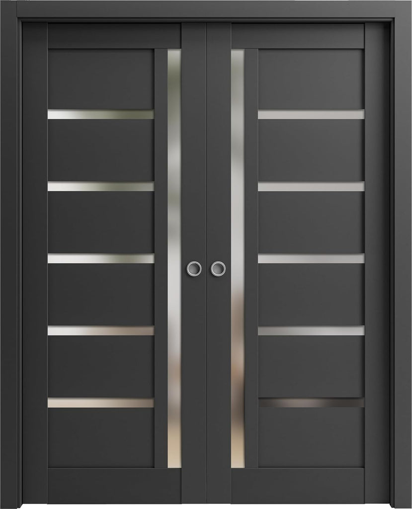 Quadro 4088 | Interior French Double Pocket Doors with Frosted Glass, MDF, 48x80, Black, Modern Styl