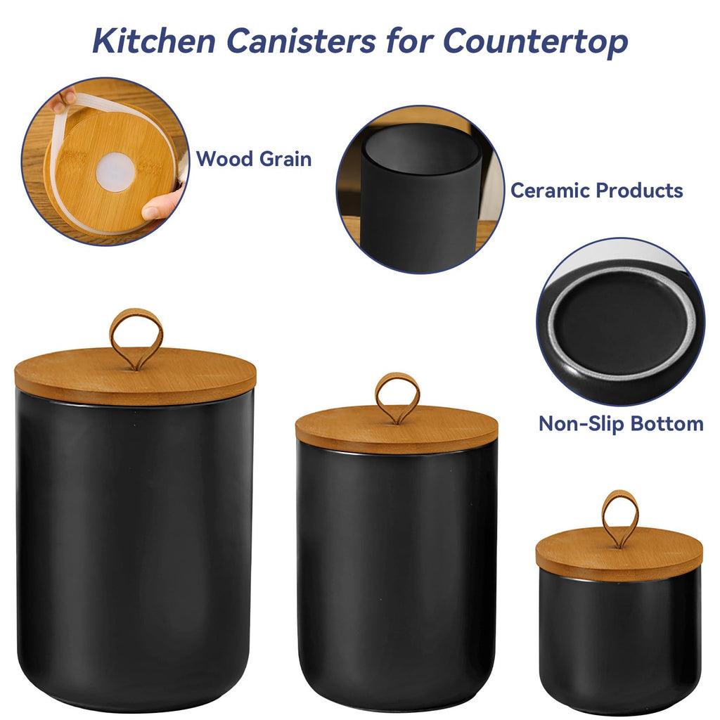 Ceramic Storage Jars, Modern Airtight Canisters with Wooden Lid (Z-three-piece suit in black)