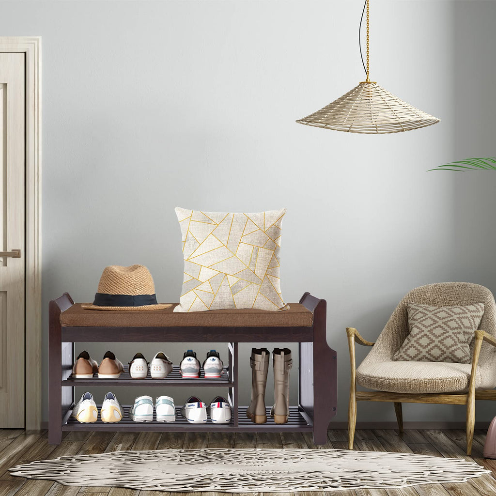 Entryway Shoe Bench with Bamboo Seat, 2-Tier Shoe Bench with Removable Brown Cushion and Umbrella Holder -L