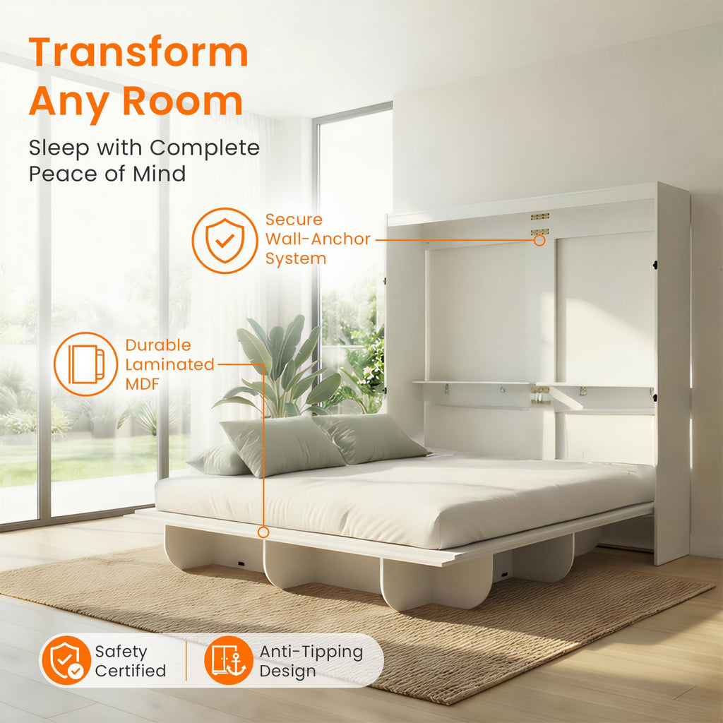 Queen Horizontal Murphy Bed with Storage Shelf-White