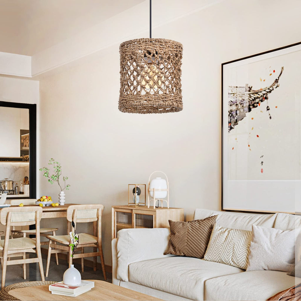 Boho Hand Woven Rattan Pendant Light Fixture, Mini Farmhouse Natural Chandelier Lighting, Retro Wicker Hanging Lamp