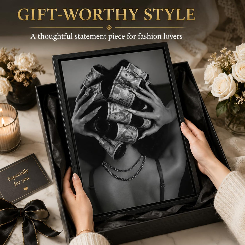 Framed Black and White Fashion Canvas Wall Art Luxury Feminist Picture Wall Decor Trendy Woman with Money on Head