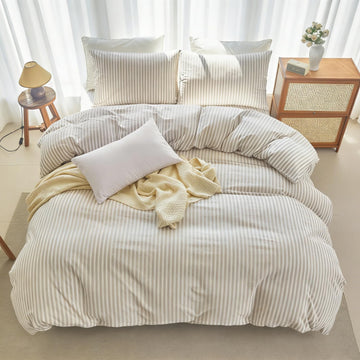 Striped Duvet Cover Set 100% Washed Cotton Linen Feel Natural Wrinkles Lightweight Comfy (, Linen Grey White