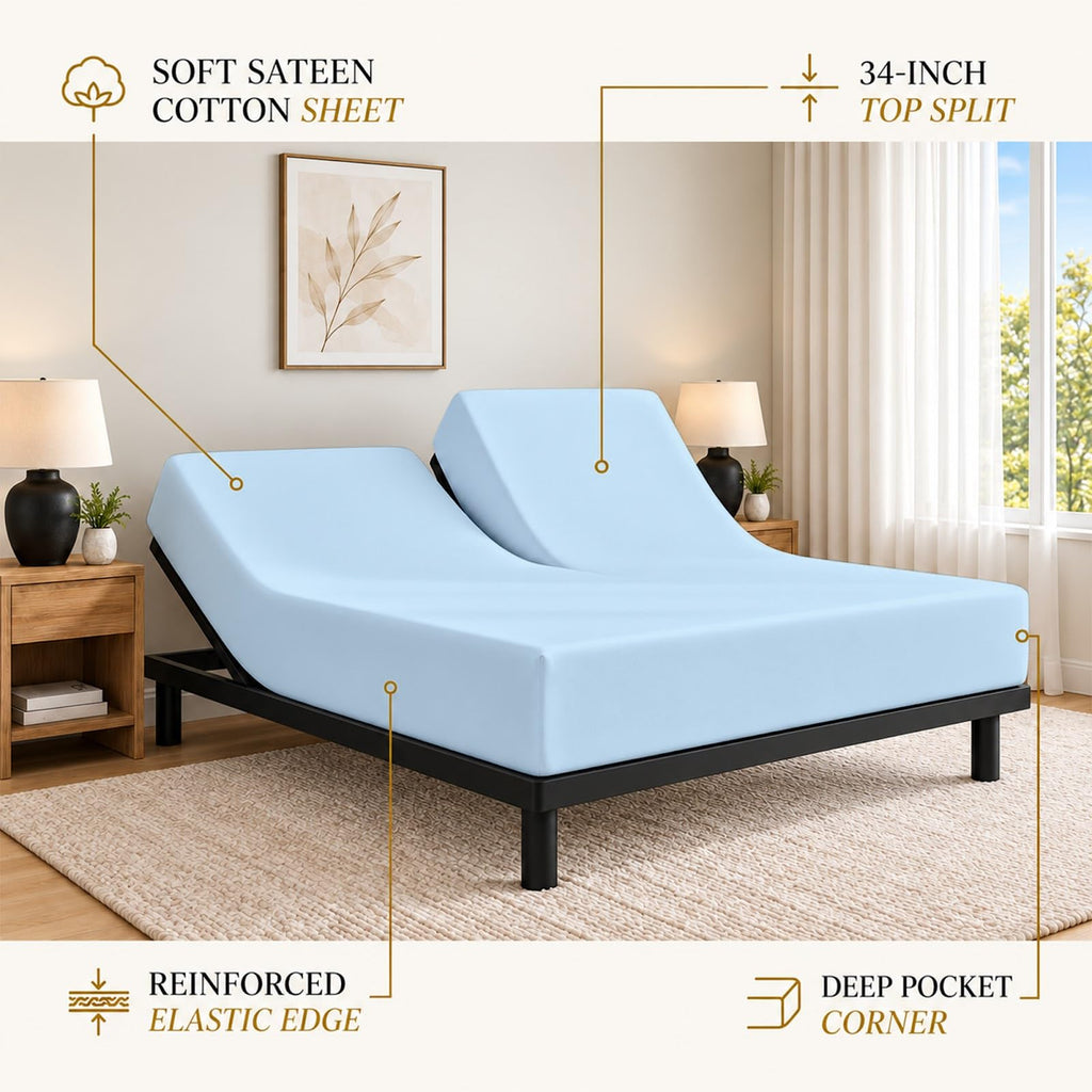1 PC Top Split King Fitted Sheet for Adjustable beds, 34" Split, Light Blue