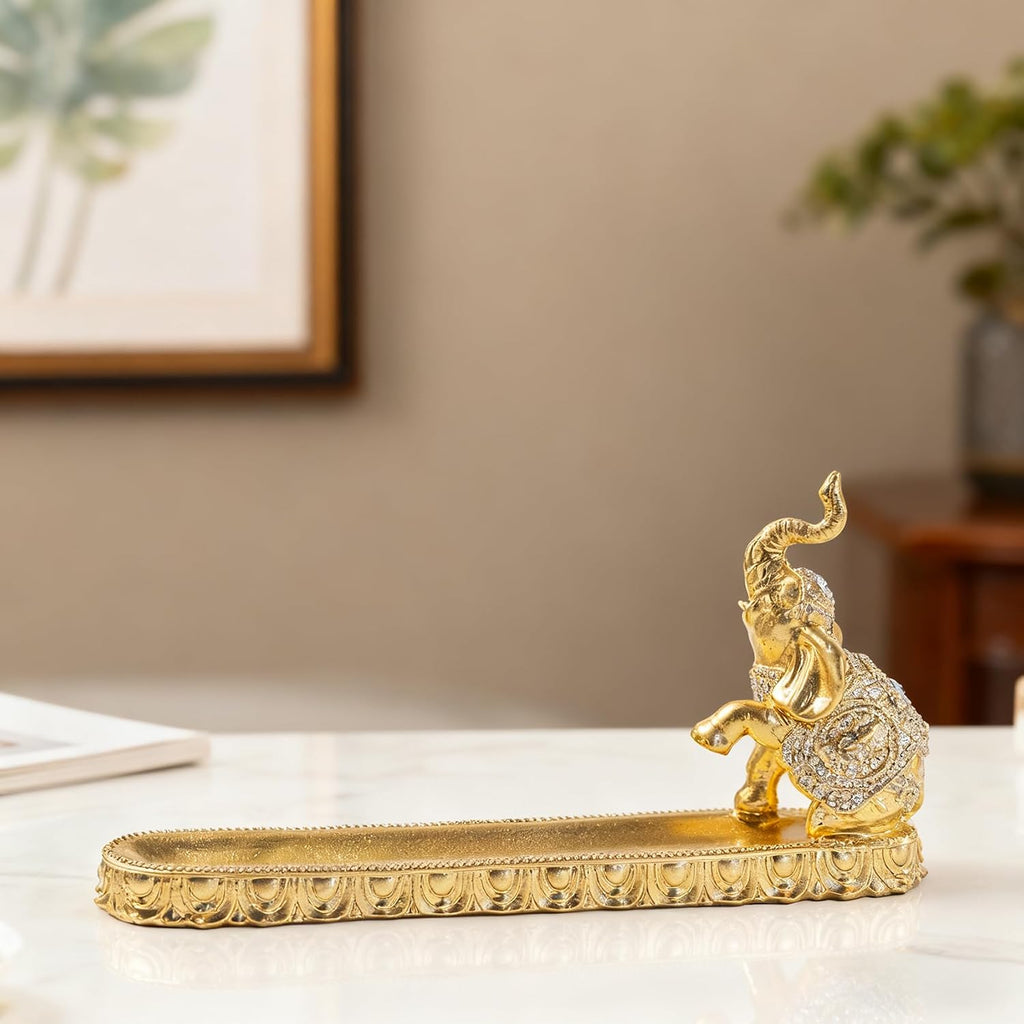 Gold Elephant Incense Holder, Resin Feng Shui Statue Ash Catcher Tray, 9.45In