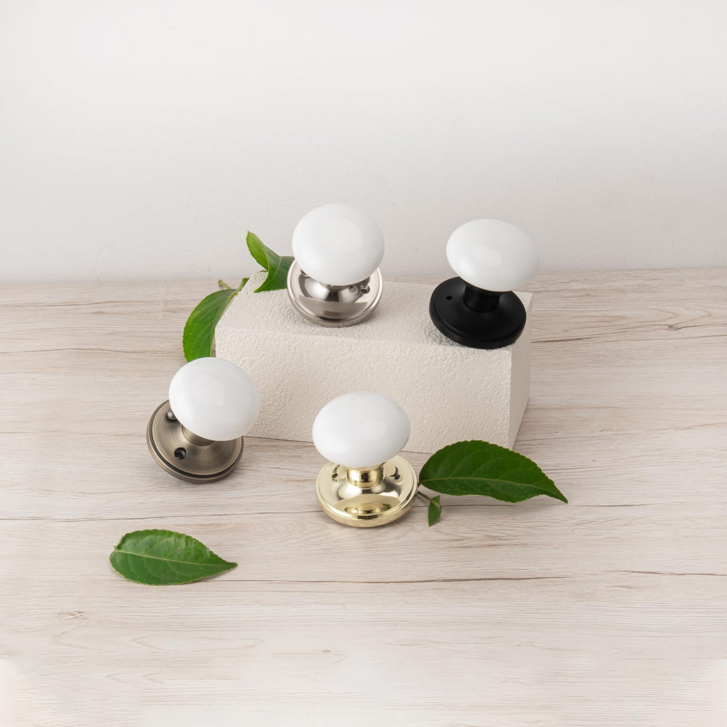 White Door Knob, Nickel Porcelain Door Handle with Push Lock for Bath