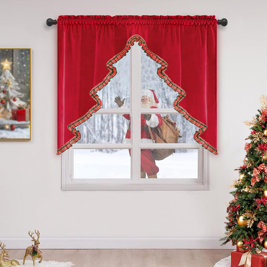 Christmas Valance Christmas Tree Kitchen Curtain with Plaid Hem Red Velvet Valance Rod Pocket Swag Valances for