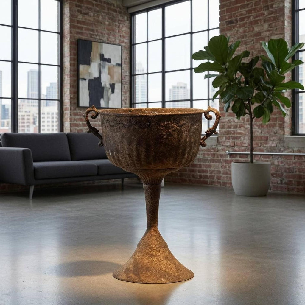 Outdoor Trophy Planter Urn Planter Garden Urn Pedestal Planter Pedestal Vase Iron Vessel With Weathered Brown Texture
