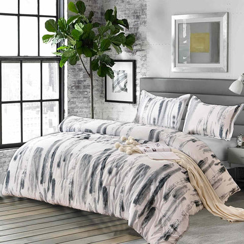 Queen Comforter Set 3pc, Art Grey White Printed Pattern Reversible Down Alternative Microfiber Bedding