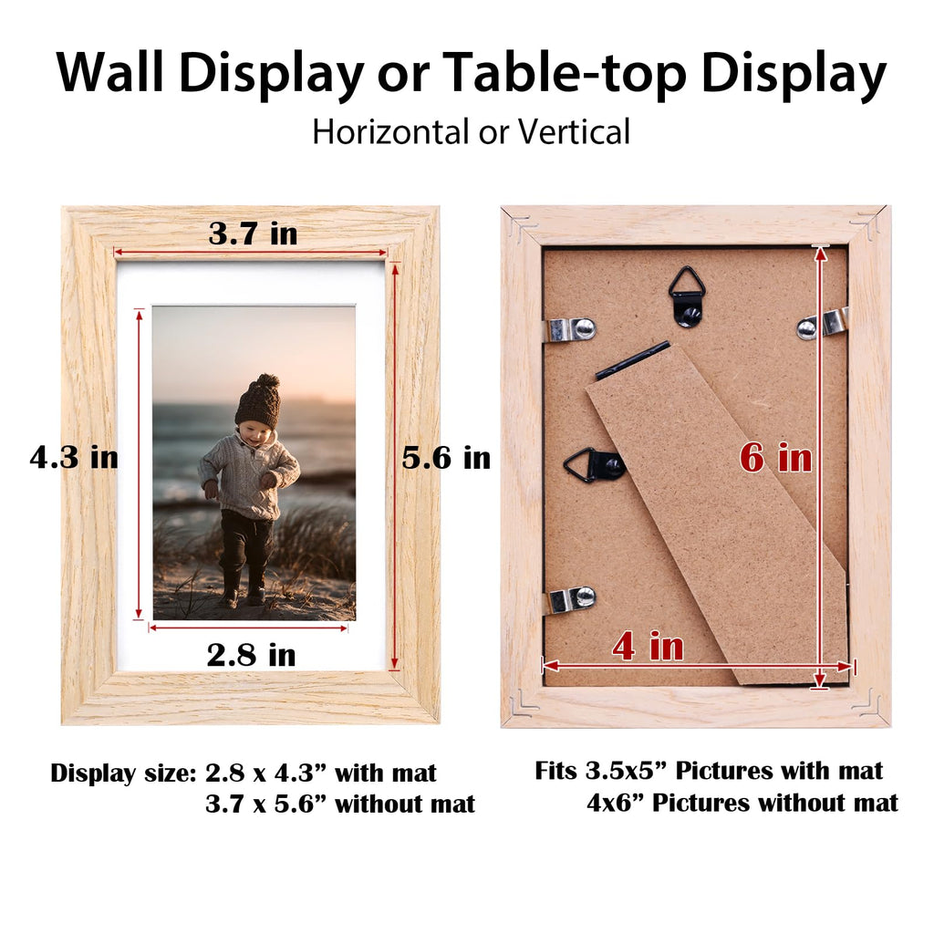4x6 Frame Natural, Solid Wood 4 x 6 Picture Frame with Acrylic Plexiglass for 3.5x5 with Mat, Tabletop and Wall
