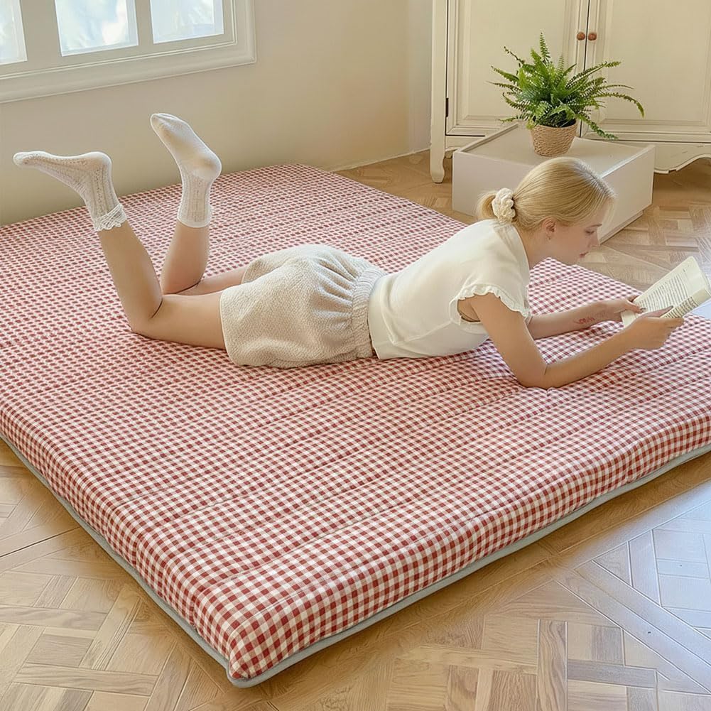 Red Gingham Japanese Floor Mattress, 39" x 80", 3.5" Thick