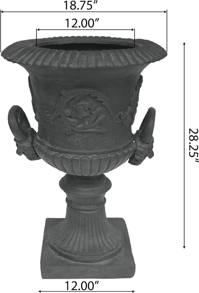 28-inch MGO Roman Garden Urn Planter, Lightweight Concrete Indoor Outdoor Flower Pot with Drainage Hole & Stopper