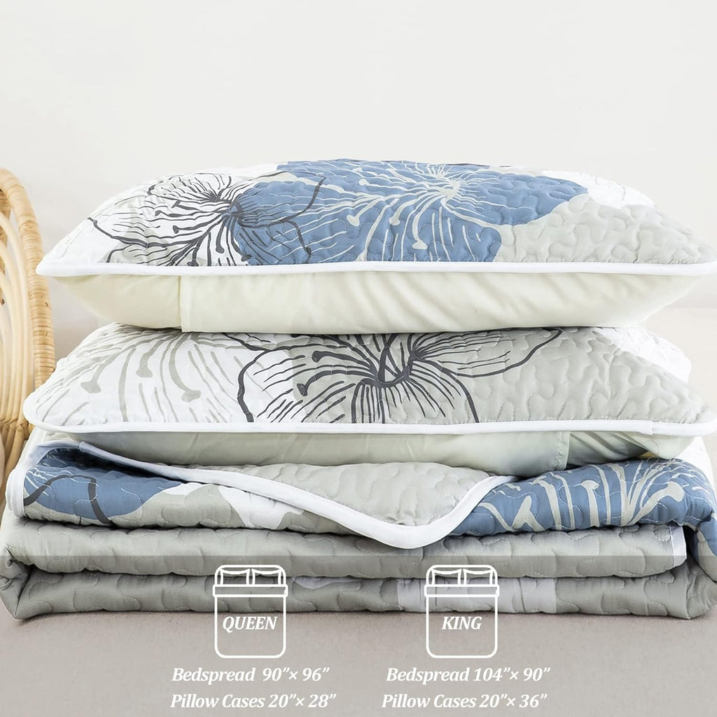 3 Pieces Quilt Set Queen Floral Pattern Coverlet Elegant Boho Bedspread with 2 Pillow Shams Lightweight Microfiber