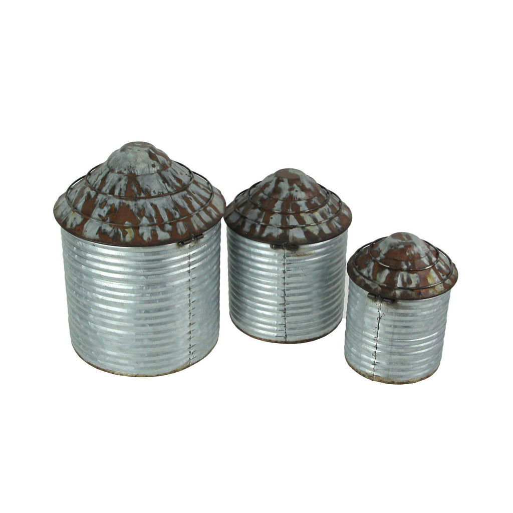 Set of 3 Farm Silo Canisters, 10.75 Inch Tall, Grey Galvanized Zinc Finish
