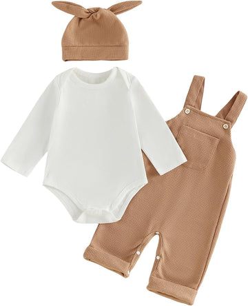 Newborn Baby Boy Clothes Infant Long Sleeve Romper Waffle Suspender Overalls Pants Hat Set Fall Winter Outfits