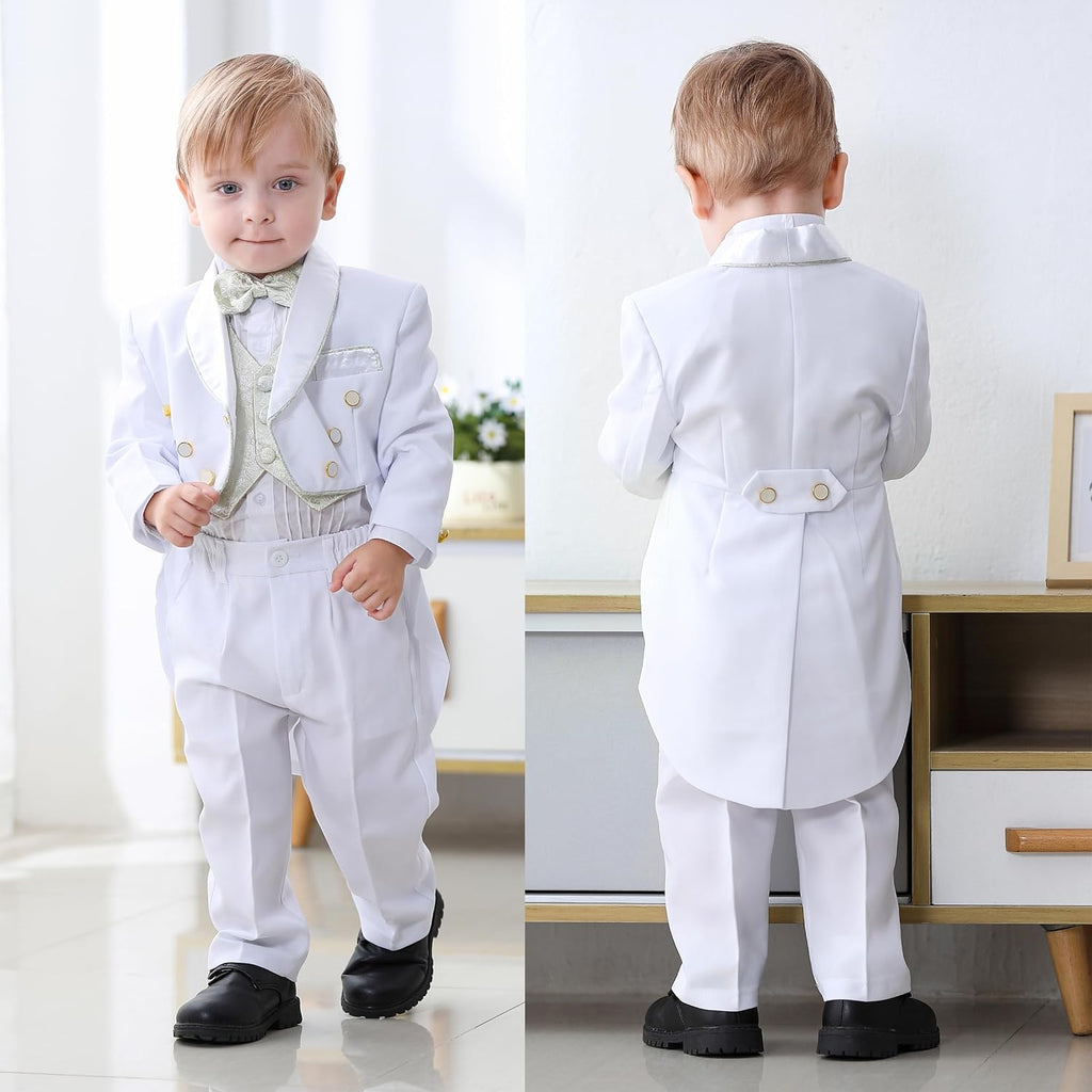 Baby Boy Classic Tuxedo Suit 5 Pcs Set Formal Dress Wear Wedding Outfit with Gold Jacquard Vest, Black/White