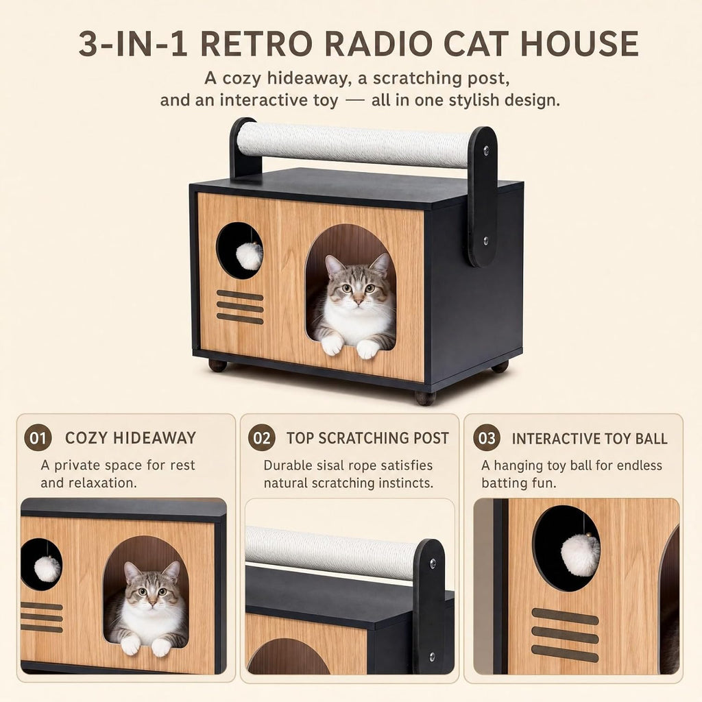 Wooden Cat House with Top Scratching Post for Indoor Cats