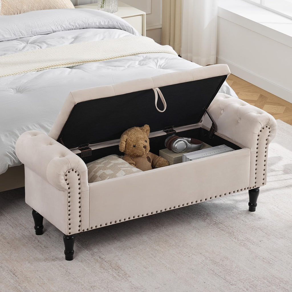 End of Bed Storage Bench Queen Size, 51'' Storage Bench End of Bed, Upholstered Velvet Tufted Storage Ottoman Benches