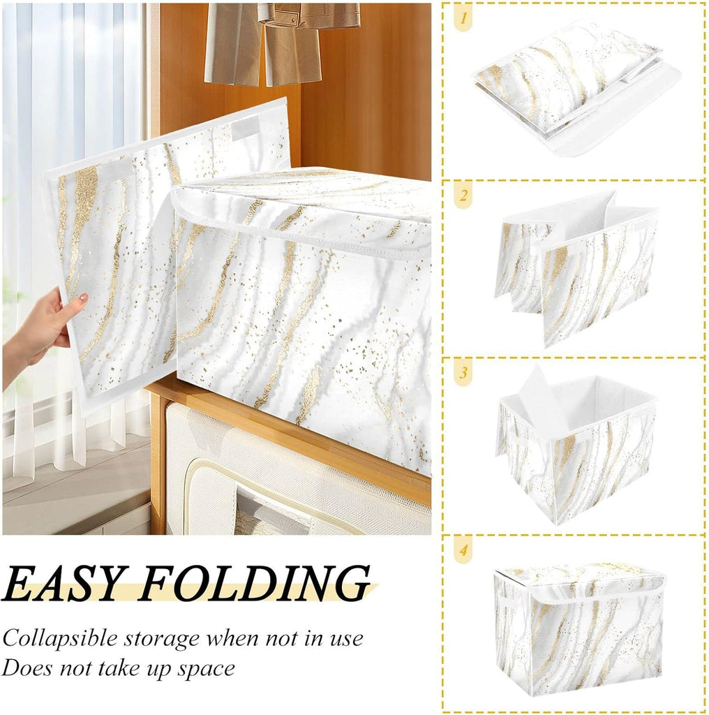 Large Fabric Storage Bins With Lids, Gold White Marble Storage Boxes With Handles for Organizing Clothes, Collapsible