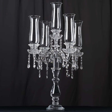 5 Arm Premium Crystal Glass Taper Candle Holder Candelabra with Chandelier Chains 32"