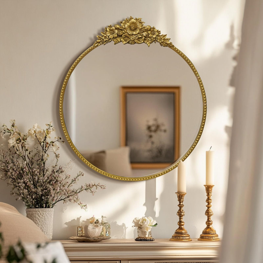 Round Baroque Style Antique 24" Metal Circle Vintage Mirror, Wall Mounted Decorative Mirror, Vanity, Retro Gold