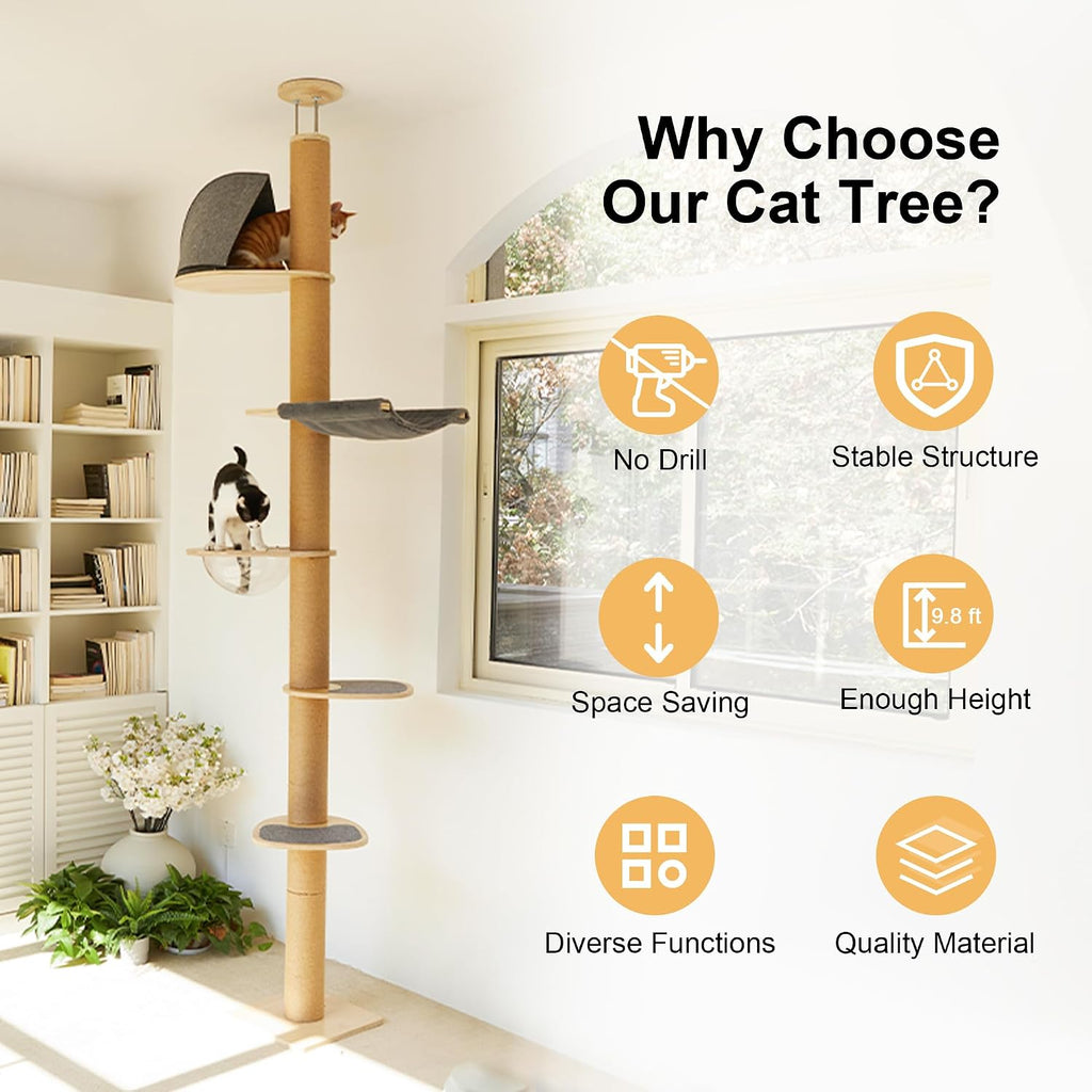 Floor to Ceiling Cat Tree, 6-10 ft, 6 Level, Grey