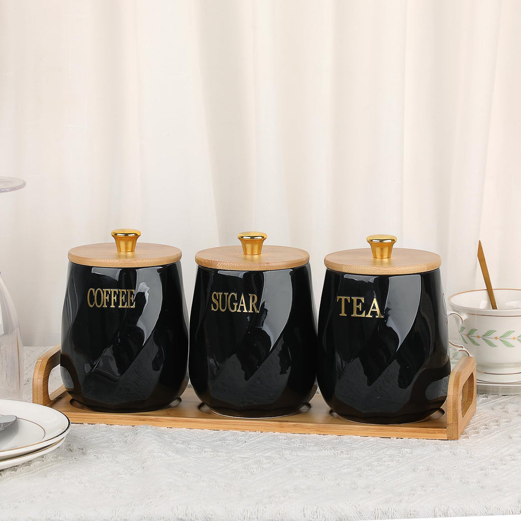 Set of 3 Ceramic Coffee Sugar Tea Canister Set with Lid and Tray