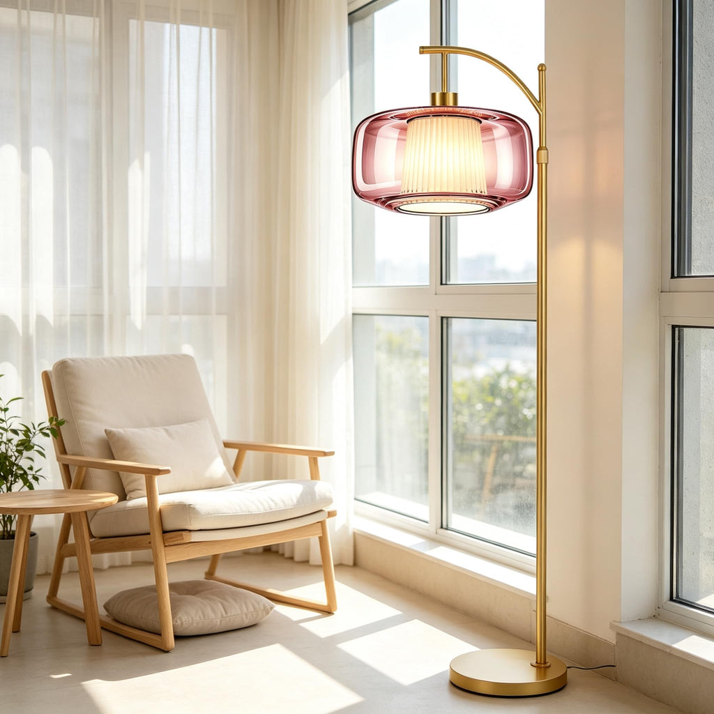 Pink Floor Lamp, Gold Dimmable Standing Lamp with Remote, Mid Century Modern Brass Tall Lamp Boho Floor Lamps Arc