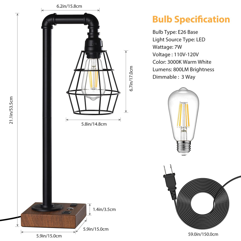 Industrial Touch Control Table Lamp with Metal Cage Shade, Desk Lamps