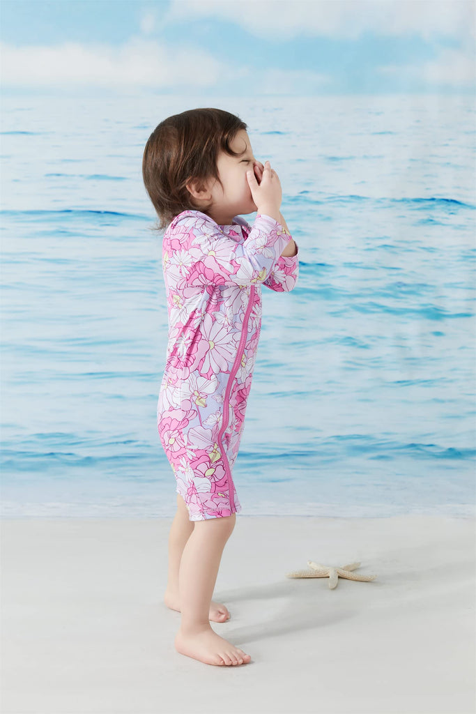 Toddler Girls Swimsuit One Piece Full Zip with Long Sleeve UPF 50+ Sun Protection Swimwear Rash Guard Shirts Pink