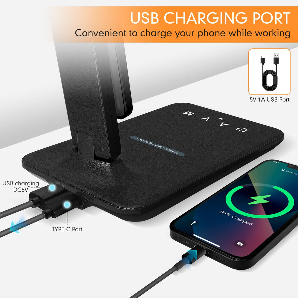 Crown LED Desk Lamp with 15W Wireless Charger & USB Port, Dimmable Table Lamp with 5 Lighting Modes, Sensitive Touch