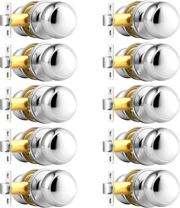 Polished Chrome Door Knobs Interior, Passage Door Knobs Closet, Keyless Interior Door Knob, 10 Pack