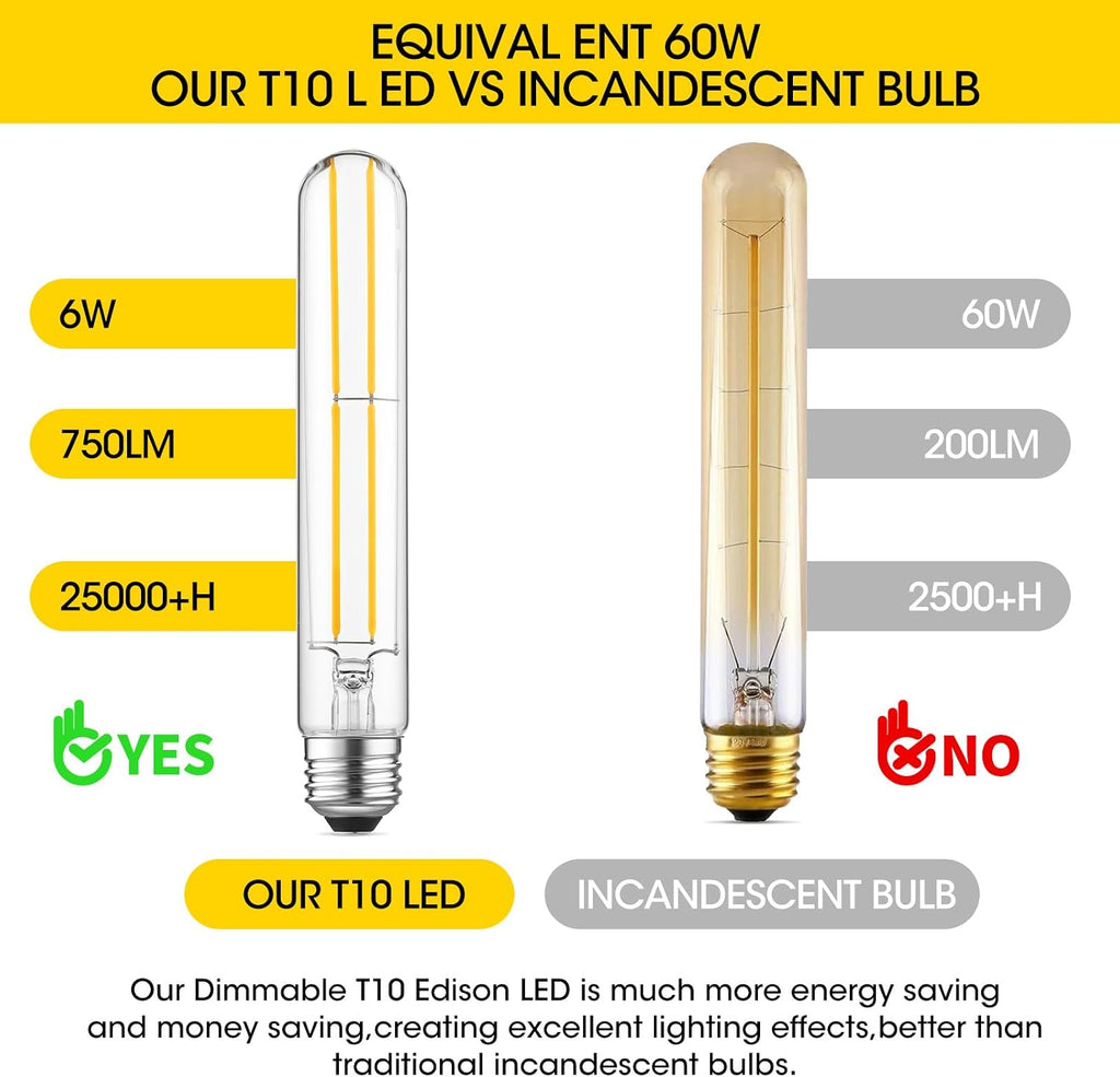 7.3" T10 Tubular LED Light Bulb, 60W Eq, Dimmable, Cool White 4000K, 6-Pack