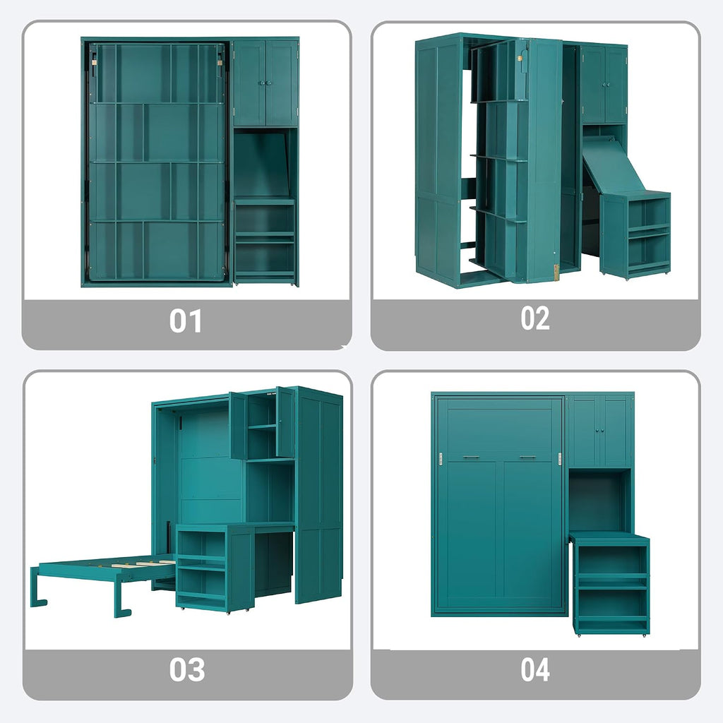 Twin Rotating Wall Murphy Beds, Wood Folding Murphy Wall Bed with Bookshelf, Top Cabinet, Extendable Desk & Side