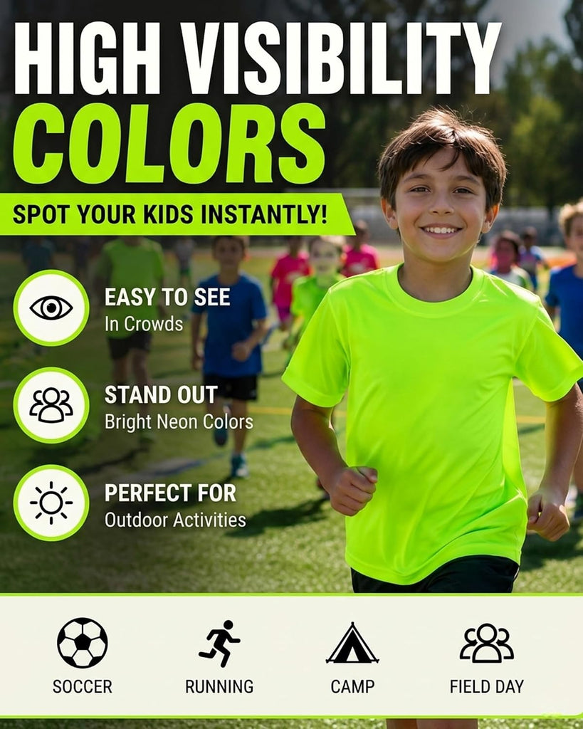 Pack Neon Shirts for Boys, Kids Dry Fit UPF 50+ Short Sleeve Rash Guard T Shirts, Youth Athletic Training Tee